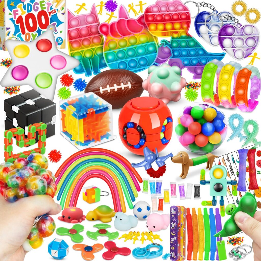 (100 Pcs) Fidget Toys Pack, Party Favors Carnival Treasure Classroom Prizes Small Mini Bulk Sensory Figit Toys Set for Boys Girls Kids Adults, Stress Relief  Anxiety Relief Tools Autistic ADHD Toys