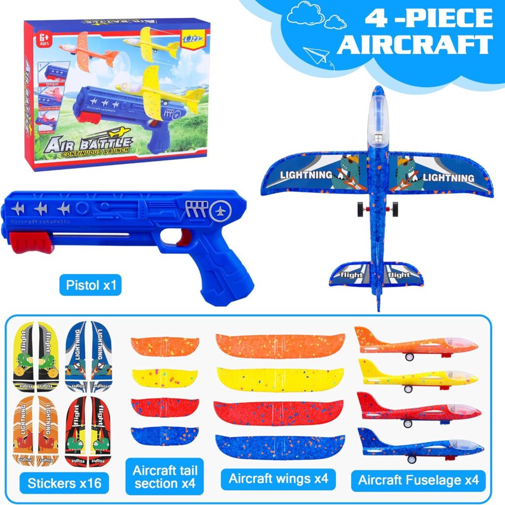 4 Pack Airplane Launcher Toys, 2 Flight Modes LED Foam Glider Catapult Plane Toy, Outdoor Flying Toy for Kids, Birthday Gifts for Boy Girl 4 5 6 7 8 9 10 11 12 Year Old, Airplane B-day Party Supplies