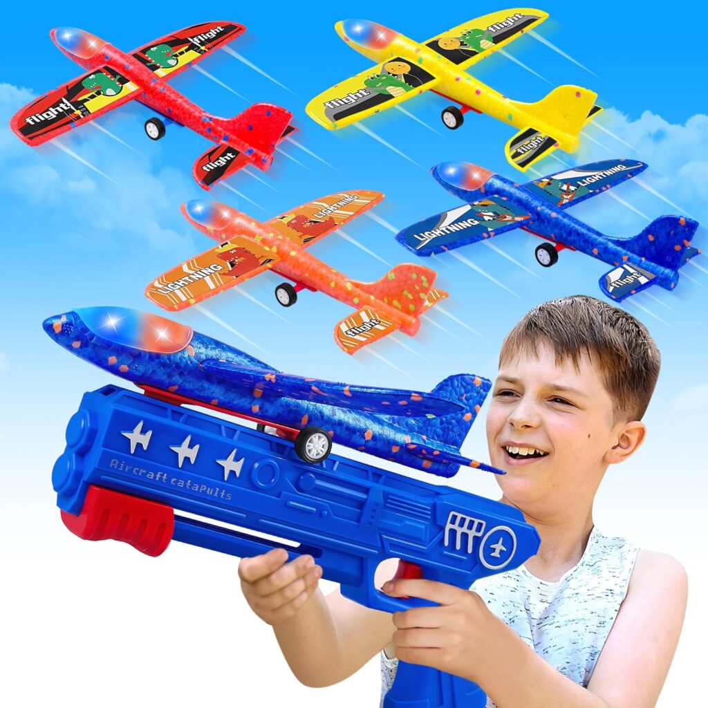 4 Pack Airplane Launcher Toys, 2 Flight Modes LED Foam Glider Catapult Plane Toy, Outdoor Flying Toy for Kids, Birthday Gifts for Boy Girl 4 5 6 7 8 9 10 11 12 Year Old, Airplane B-day Party Supplies