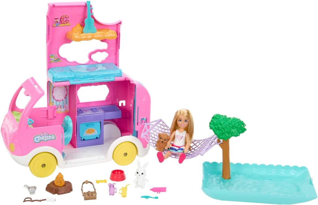 Barbie Camper, Chelsea 2-in-1 Playset with Small Doll, 2 Pets  15 Accessories, Vehicle Transforms into Camp Site (Amazon Exclusive)