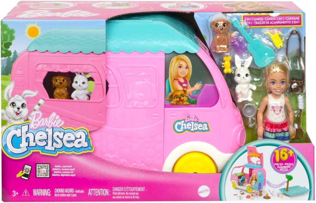 Barbie Camper, Chelsea 2-in-1 Playset with Small Doll, 2 Pets  15 Accessories, Vehicle Transforms into Camp Site (Amazon Exclusive)