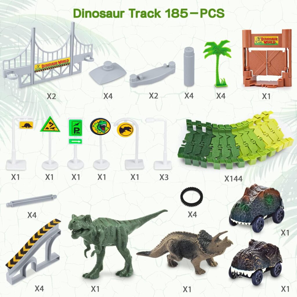 Dinosaur Toys,Create A Dinosaur World Road Race,Flexible Track Playset and 2 pcs Cool Dinosaur car for 3 4 5 6 Year  Up Old boy Girls Best Gift