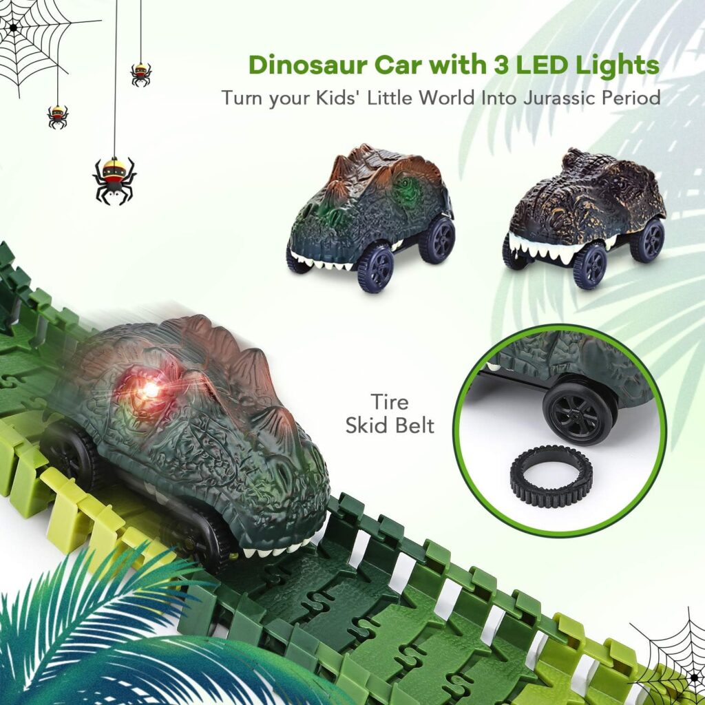 Dinosaur Toys,Create A Dinosaur World Road Race,Flexible Track Playset and 2 pcs Cool Dinosaur car for 3 4 5 6 Year  Up Old boy Girls Best Gift