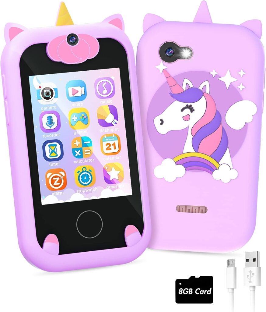 Kids Smart Phone for Girls Unicorns Gifts for Girls Toys 8-10 Years Old Phone Touchscreen Learning Toy Christmas Birthday Gifts for 3 4 5 6 7 8 9 Year Old Girls with 8G SD Card