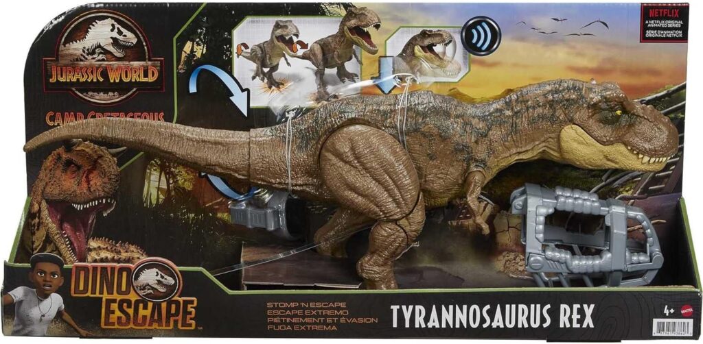 Mattel Jurassic World Toys Camp Cretaceous Dinosaur Toy, Stomp N Escape Tyrannosaurus Rex Action Figure with Stomping Motion