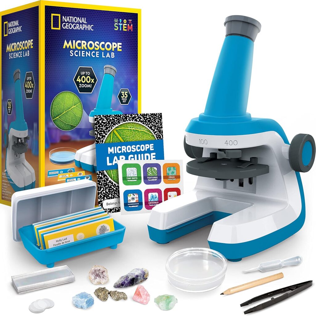NATIONAL GEOGRAPHIC Microscope for Kids - Science Kit with an Easy-to-Use Kids Microscope, Up to 400x Zoom, Blank and Prepared Slides, Rock  Mineral Specimens, STEM Project Toy (Amazon Exclusive)