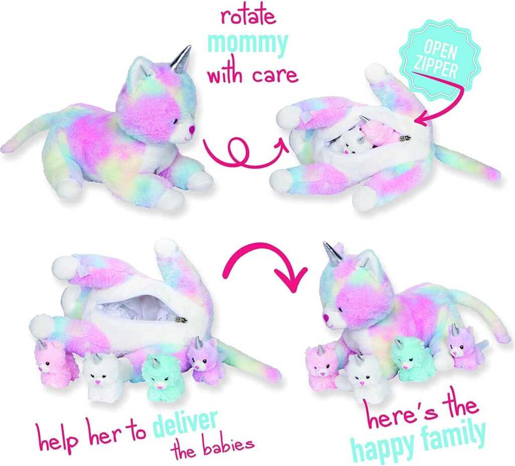 PixieCrush Unicorn Stuffed Animals for Girls Ages 3-8 - Mommy Cat Unicorn with 4 Baby Kittens - Magical Cat Pillow Plushies - Enchanting Plush Cat with Stuffed Kittens
