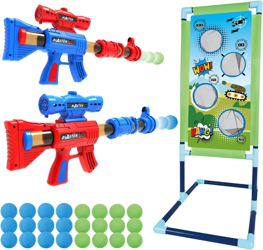 SpringFlower Shooting Game Toy for 5 6 7 8 9 10+ Years Olds Boys,2pk Foam Ball Popper Air Toy Guns with Standing Shooting Target,24 Foam Balls, Ideal Gift