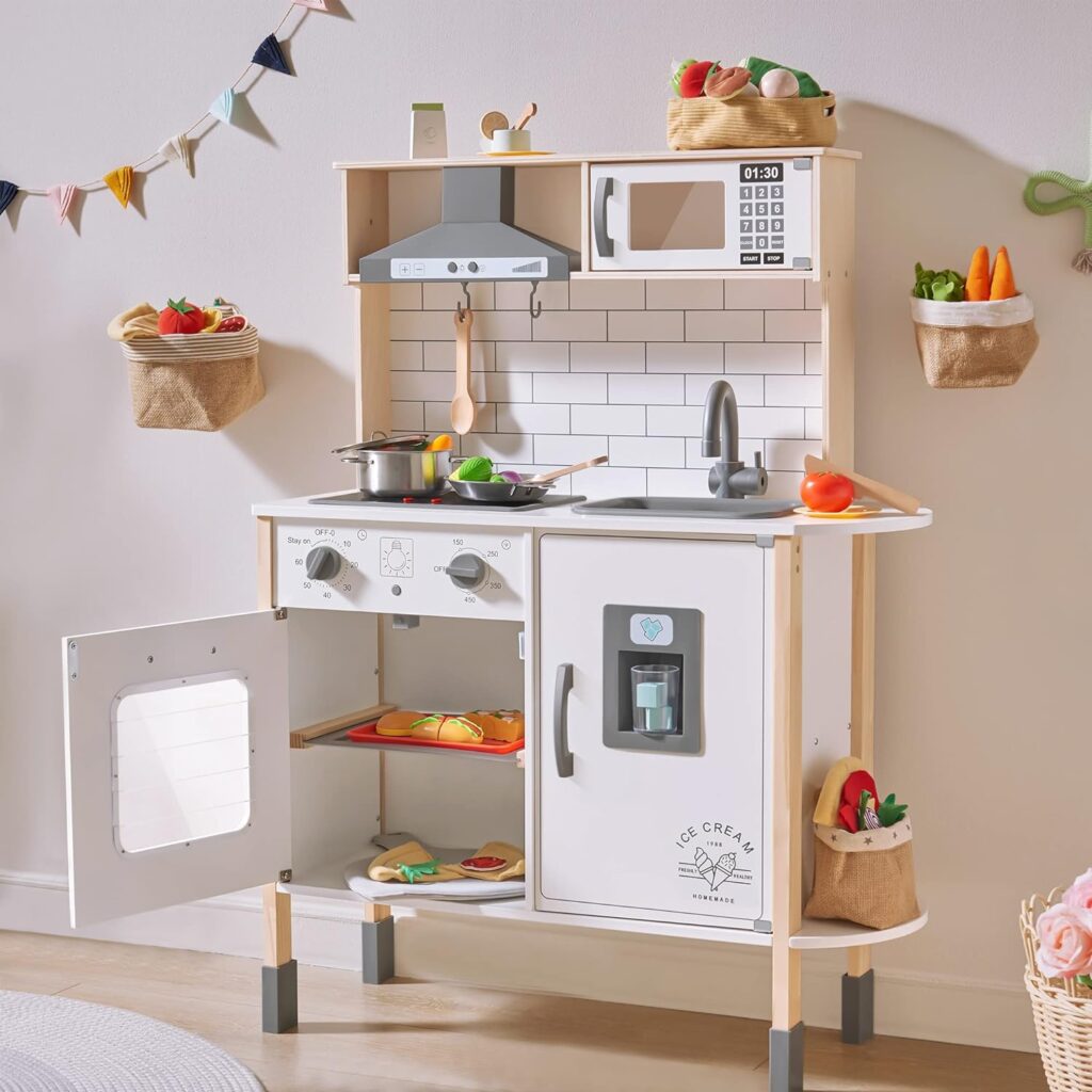 Tiny Land Play Kitchen for Kids, Wooden Kids Play Kitchen Playset Chef Pretend Play Set for Toddlers with Real Lights  Sounds, Toys Kitchen with 18 Pcs Toy Food  Cookware Accessories